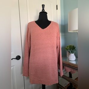 Umgee Textured V-Neck Tunic Sweater Dress, Loose Fit, LS, Pink, Size 2XL